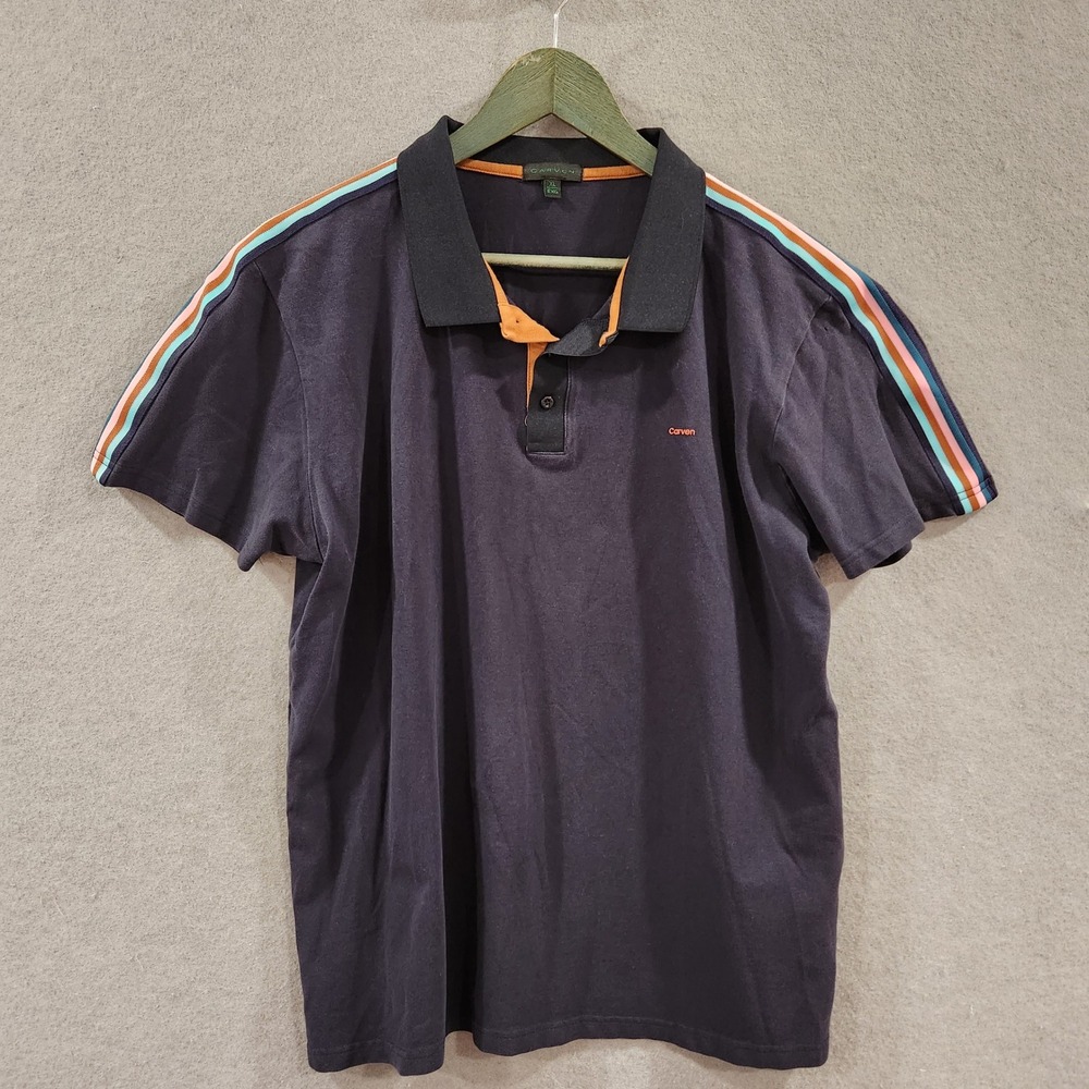 CARVEN Men's Navy Blue Polo Shirt with‎ Colorful Stripe Accents Size XL